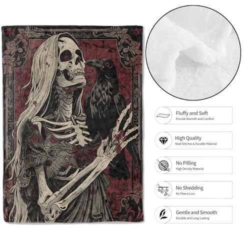 Gothic Skull Throw Blanket,40x50in,Soft,Lightweight Flannel,Skeleton and Raven Vintage Dark Blankets - Gifts for Adult,for Couch Office Travel,Home Living Room Halloween Goth Decor - color: Horror 02, size: 40x50in