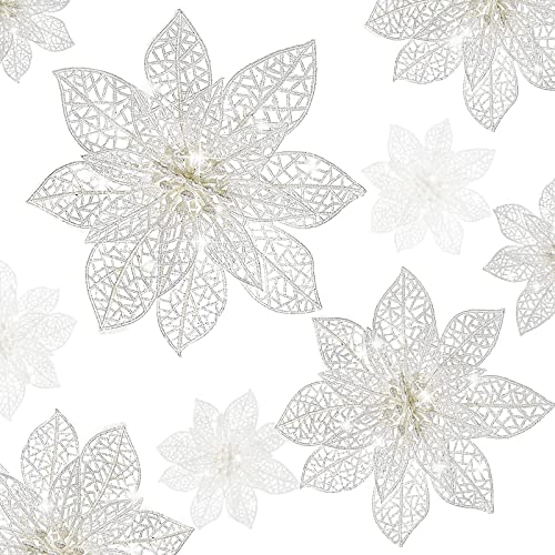 Wironlst 24 Pieces Glitter Poinsettia Flowers Christmas Tree Ornaments, Glitzy Poinsettia Bushes Christmas Decorations for Xmas/Holiday/Seasonal/Wedding (White) - color: White