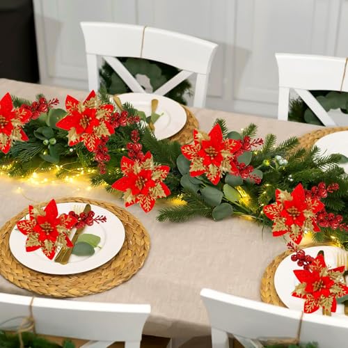 trytuny 50pcs Glitter Poinsettia Christmas Ornaments, Artificial Flowers with Clips Stems for DIY Wreath Making, Holiday Home Party Decorations, Indoor Use (Red) - color: Red