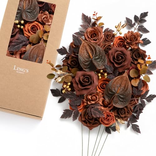Ling's Moment Fake Flowers Box, Faux Artificial Greenery Stems Foam Roses Gardenia Anthurium Silk Eucalyptus Fabic Flower for Centerpieces Bouquet Wedding Vase, Walnut Brown & Terracotta, Deluxe Combo - color: Brn-walnut Brown & Terracotta, size: Deluxe