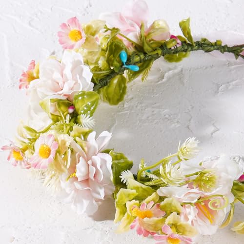 Pink Flower Crown Headband, Artificial Rose Daisy Floral Headpiece, Adjustable Fairy Boho Bridal Flower Crown for Women Girls Renaissance Birthday Wedding Festivals Party Hair Accessories - color: Rose Daisy Pink