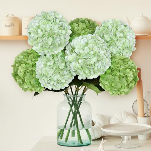 8pcs Hydrangea Artificial Flowers Green Silk Fake Flower Bouquets Faux Hydrangea with Stems for Home Table Centerpieces Wedding Party Decoration (Dark Green, Light Green, 8 PCS) - color: Dark Green, Light Green