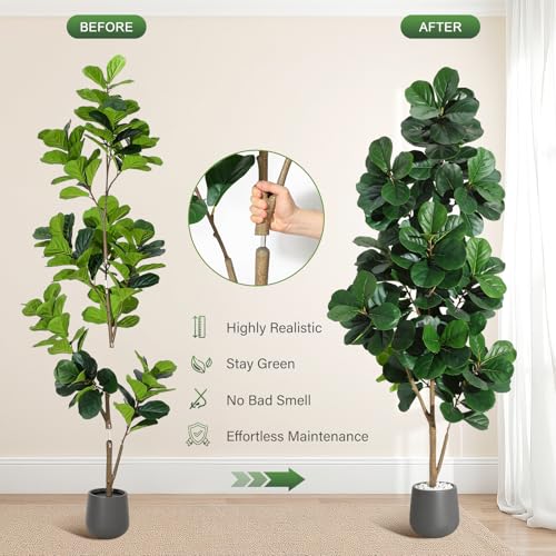 7 ft Fiddle Leaf Fig Tree Artificial with 141 Leaves - Realistic Faux Ficus Lyrata Trees in 9 in Grey Planter Pot, Indoor Fake Floor Plants for Home Office Living Room Decor, Housewarming Gift - color: With Black Planter, size: 7ft