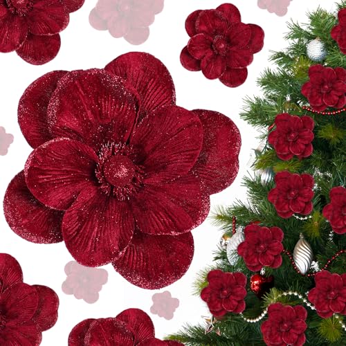 18 Pcs Large Velvet Christmas Poinsettia Magnolia Flowers Ornaments Glitter Big Heads Artificial Magnolia Flowers for Decoration Wedding Decor Supplies(Red) - color: Red