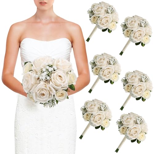 Wedding Bridesmaid Bouquets Set of 6, Artificial Silk Flowers Arrangement for Ceremony Marriage Proposal Party Anniversary Decorations - Champagne - color: Champagne, size: Set of 6 Bouquets