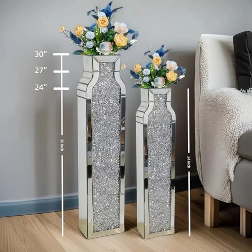 30" Tall Floor Vase, Double Sided Crushed Diamond Mirrored Vases,Large Flower Vase for Home Decor, Mirror Glass Decorative for Living Room,Office,Centerpiece (Crushed Diamond:4.7''L X 6.8''W X 30''H) - size: Crushed Diamond:6.8"L X 4.7"W X 30"H