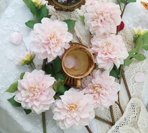 6pcs Artificial Dahlia Flowers Pink Faux Dahlia Large Dahlia Fake Silk Flowers with Long Stem for DIY Wedding Party Floral Arrangements Home Tables Decoration（Pink - color: Light Pink