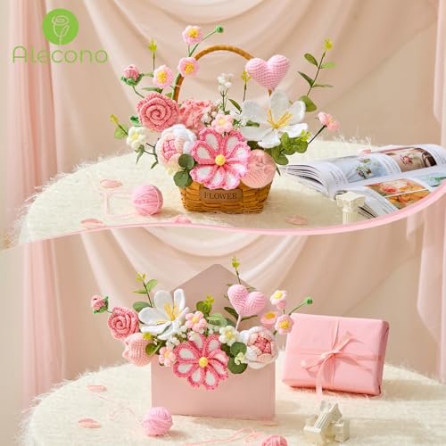 Alecono Large Crochet Flower Bouquet, Pink Knitted Flowers, Crochet Tulip Galsang Flower for Valentines Day Lover Anniversary Birthday Party Mother's Day Graduation Gifts (Include Card) - color: Pink, size: X-Large