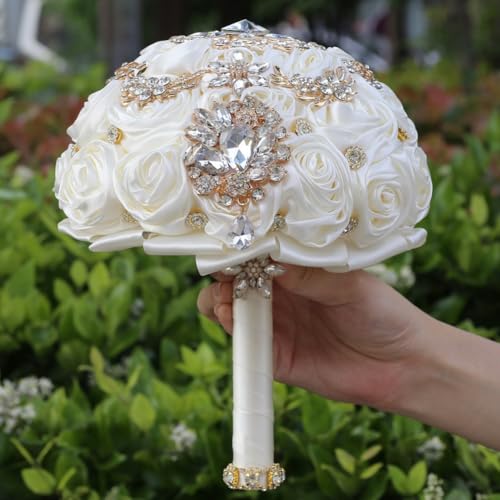 8.7in Ivory Bridal Wedding Bouquet Handmade with Luxury Gold Rhinestone Brooch for Bride Bridesmaid Quinceanera Satin Rose Bouquet Flower Wedding Ivory - color: Ivory, size: Large (DIA. 8.7"/22cm)