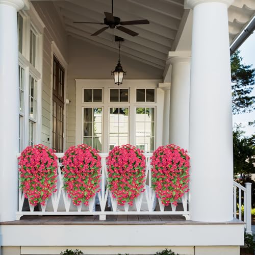 Artificial Hanging Flowers for Outdoors, 2 Pack UV Resistant Fake Flowers Rose Red Silk Morning Glory Faux Petunias Hanging Artificial Plants Trailing Vines for Home Porch Garden Planter Decor - color: Rose Red