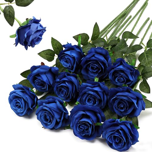 Blue Fake Roses Artificial Flowers - 10 Pcs Fake Artificial Roses Silk Flowers with Stems for Home Wedding Hotel Office Centerpiece Decor - color: Blue, size: 10 Pcs