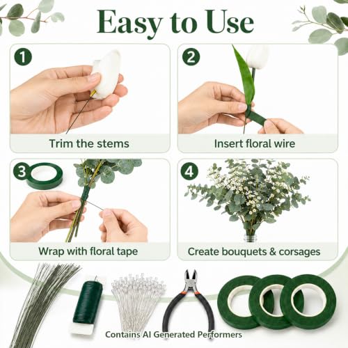 RAINFLOW Mother's Day Floral Arrangement Kit - Floral Tape & Floral Wire Set with Boutonniere Pins & Cutter, Includes 22 Gauge & 26 Gauge Wire for Bouquet & Wreath Making