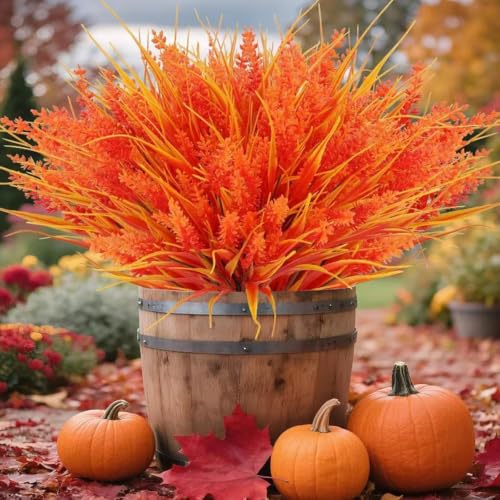 Artificial Plants Outdoor, 12 Bundles Fake Grass with Flowers Pot Garden Decor,Fake Monkey Grass with Flowers for Pot UV Resistant (12, Autumn) - color: Autumn