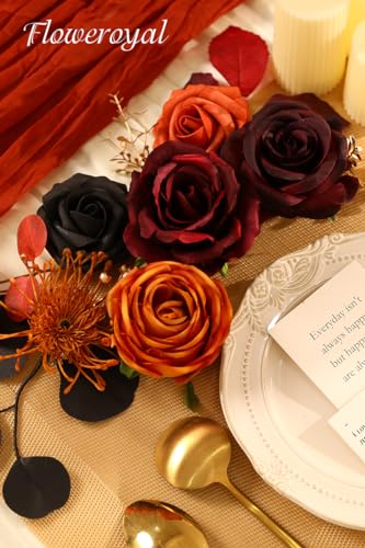 Floweroyal Halloween Artificial Flowers Black Flowers Mix Silk Flowers Fake Roses with Stems for DIY Wedding Bridal Bouquets, Baby Shower, Floral Arrangement, Table Centerpieces, Home Decorations - color: Orange & Black