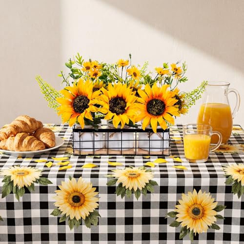 AceOrbit 3 Pcs Artificial Sunflower Potted Plants with Wire Tray Farmhouse Faux Sunflowers for Kitchen Table Centerpieces Fake Yellow Flowers in Rustic Pots for Dining Home Bathroom Wedding (Trendy) - style: Trendy