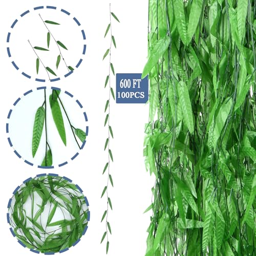 100PCS 600 FT Fake Vines for Room Decor Artificial Ivy Greenery Garland Jungle Forest Vines Faux Hanging Plants for Home Ceiling Bedroom Baby Shower Party Garden Patio Outdoor Wedding Décor - color: Green, size: 100PCS - 600FT