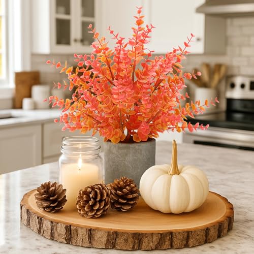Coferset 2 Pack Fall Small Fake Plants 14" Eucalyptus Potted Artificial Plants Fall Decorations for Home Shelf Office Bathroom Desk Farmhouse Room Coffee Table Decor Fall Decor (Fall Orange-Large) - color: Orange-large