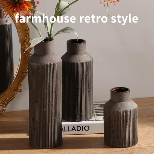 Farmhouse Vase for Home Decor, Ceramic vase Set of 3. Vintage Flower Vase Suitable for Home Decor, Living Room, Shelf Decor, Dining Table Decor. - color: Dark Brown, size: 3.3 x 5.3-8-10.6 inches
