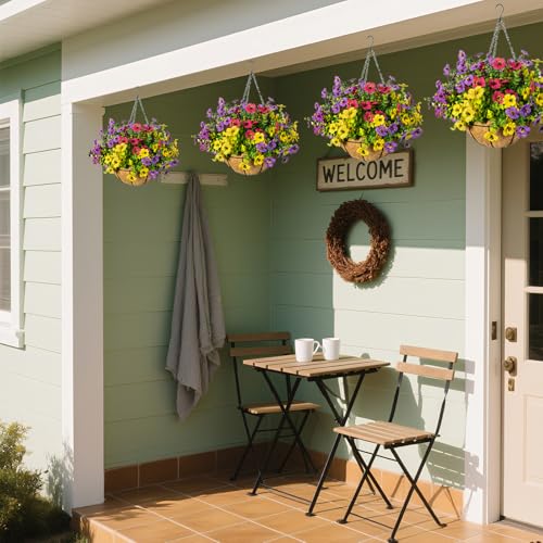 Artificial Hanging Flowers for Outdoors with Basket,UV Resistant Realistic Faux Hanging Plants Outdoor Artificial Flowers for Outdoors Basket for Yard Porch Patio Garden,12 Bundles Mix 4 Colors - color: Fuchsia+rose Red+purple+yellow