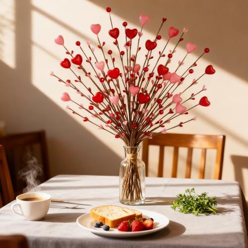 6 Pcs Artificial Berry Stems Pink Red Heart Shaped Flowers for Vase, Faux Branches for Wedding Anniversary Valentine’s Day Romantic Home Table Centerpieces Decor