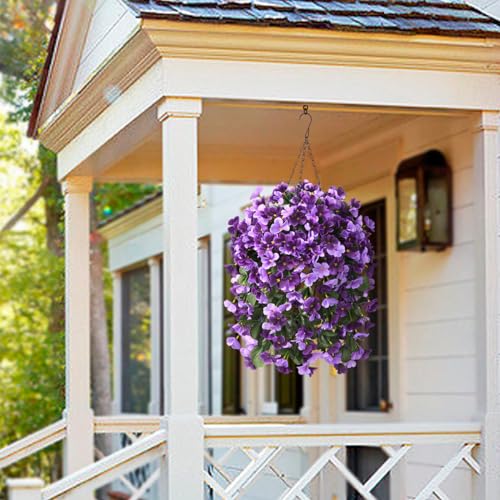INQCMY Artificial Fake Hanging Flowers Plants with Basket for Spring Summer Outdoor Decoration,Faux Silk Begonia in Planter UV Resistant Look Real for Home Porch Yard Patio Balcony Decor - color: Purple Orchid