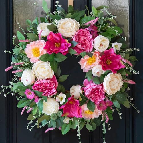 24 Inch Spring Wreaths for Front Door Outside,Artificial Silk Peony Rose Magnolia Spring Summer Wreath with Lavender Greenery | Luxury Summer Wreaths for Front Door-Indoor Outdoor Wreath Decor - color: White Pink Peony