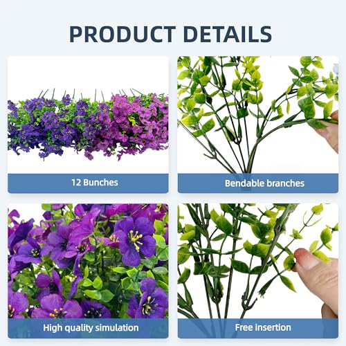 Artificial Flowers for Outdoors UV Resistant, 12 Bundles Realistic Faux Daisy with Eucalyptus Leaves Fake Plants for Porch Patio Planter Garden Decoration (Deep Purple Light Purple) - color: Purple Light Purple