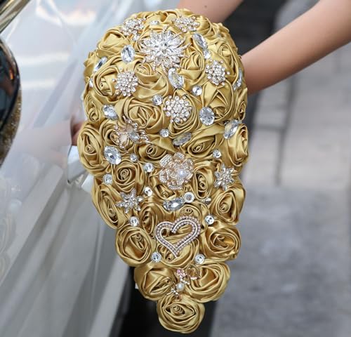 Luxury Cascade Bridal Wedding Bouquet Satin Rose Waterfall Holding Bouquet Artificial Flower Bunch for Bride Bridesmaid(Gold, 15" x 7.5") - color: Gold, size: 15"L x 7.5"W(38cm x 19cm)