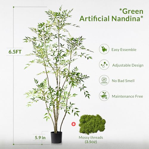Large Faux Plastic Silk Plants Tall Artificial Nandina Trees Indoor Outdoor Realistic Floor Plant Potted Fake Bamboo Tree for Home Living Room Office Front Porch Patio decoracion Housewarming Gift - color: Green, size: 6ft 7in