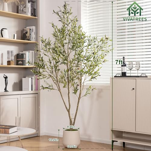 VIVATREES Artificial Olive Tree, 7FT Tall Faux Olive Tree with White Planter, Artificial Plants with Natural Wood Trunk and Lifelike Fruits for Home Office Decor - color: White-7ft, size: 10in