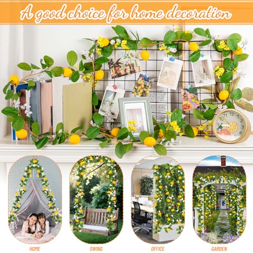 2 Pcs Artificial Lemon Flower Garland Vine, 14 Ft Fake Yellow Lemon Vines Silk Flowers Hanging Floral Garlands Decoration for Room Wall, Flower Themed Party, Wedding Supplies