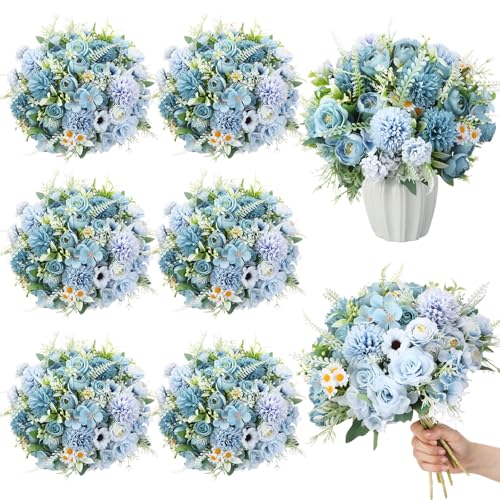 Tigeen 6 Bundles Artificial Bouquet Flowers Artificial Peonies Faux Roses Silk Flowers Hydrangea Bouquet for Wedding Table Centerpiece Floral Vase Decor(Blue) - color: Blue