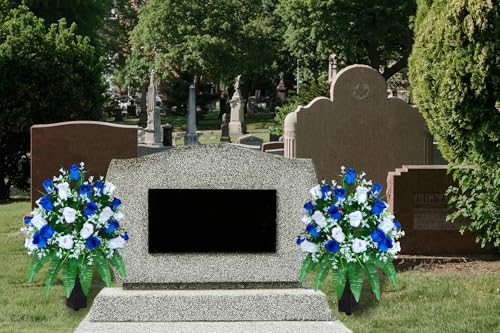 LVXINLI Artificial Cemetery Flowers, Gravesite Decoration Roses, Memorial Bouquets with Cemetery Vase, Vibrant and Long-Lasting Colors (Dark Blue+White, 2 Bundles) - color: Dark Blue+white