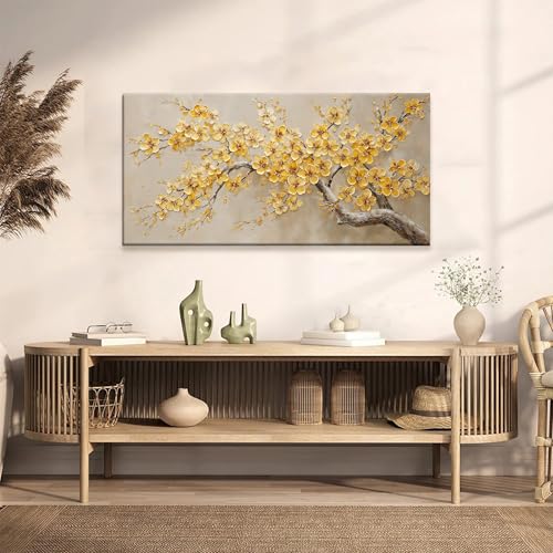 Modern Tree Of Life Wall Art Canvas Prints Ready To Hang Home Wall Decor Golden Yellow Flowers Wall Art Decorations For Living Room Kitchen Bedroom Office Decor 24x48 Inch - color: Yellow, size: 48"L x 24"W