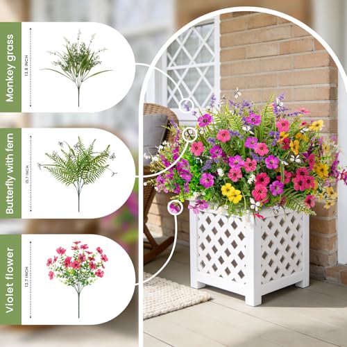 Artificial Fake Flowers for Outdoor Porch Planters Boxes Decoration,12 Bundles Outdoor Faux Fern Plants with Butterfly,UV Resistant Greenery Yard Patio Garden Decor - color: Muticolor