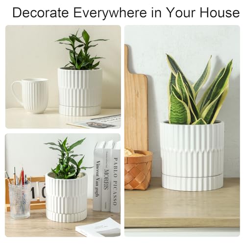HASENSE Plant Pots - 8+6+4.6 Inch White Vertical Textured Ceramic Planters Set of 3 with Drainage Hole, Decorative Flower Pots for Indoor Plants, Herbs, Succulents, Home Office Desktop Garden Decor - color: Blue (Ribbed)
