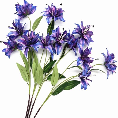 Artificial Lily Flowers, Vintage Fake Silk Flower Long Stems 4 Pack, Faux Stargazer Lilies Real Touch Tiger Bouquets for Indoor Outdoor Decor Wedding Party Floral Arrangement DIY Decorations - Purple - color: Lily Silk Flowers / Purple 4 Pack