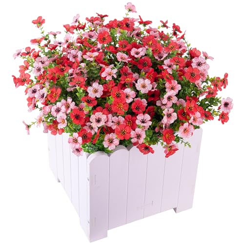 Artificial Fake Mums Flowers for Outdoor Spring Summer Decor, 12 Bundles Faux Silk Plants Daisy for Planter Pot Colorful UV Resistant Look Real for Front Door Porch Patio Outside Yard(Red Pink) - color: Red Pink