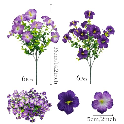 Artificial Flowers for Outdoors Decoration, 12 Bundles Fake Silk Morning Glory with Faux Plastic Eucalyptus UV Resistant for Outside Front Door Porch Planters Patio Garden Decor (MultiColor 4) - color: Multicolor 4