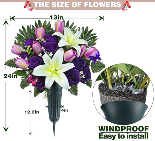 Cemetery Flowers with Vases for Grave Decor, Silk Lily Rose Tulip Headstone Flower,Tombstone Flower - Bright and Colorfast,Purple/White,2 Lovely Butterflies Included
