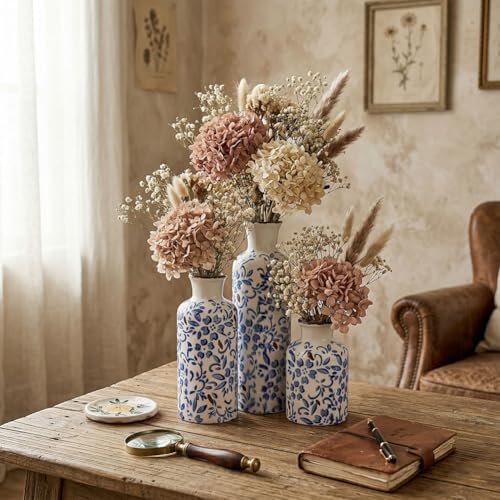 Chinoiserie Decor Ceramic Vases Set - 3 Blue and White Vase, Chinoiserie Vase Farmhouse Country, Flower Vases Home Decor, Living Room Decoration, Entrance, Fireplace, Table Decoration, Centerpieces - color: Blue Floral
