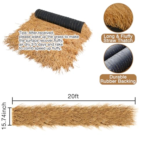 XLX TURF Artificial Thatch Roof for Tiki Bar Hawaiian Beach Party Decorations - Fireproof Wild Mexican Style Artificial Hay Straw Roll Crafts Garden Fence Patio - 20' x 15.74" Duck Blind Grass - size: 15.74" x 20'