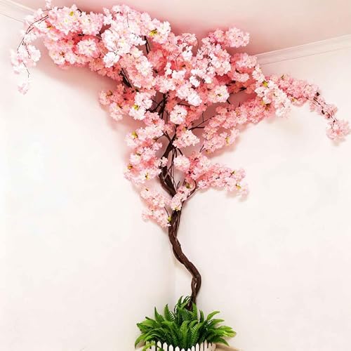 Artificial Cherry Blossom Trees - Fake Flower Background Walls with Simulated Branch and Rattan Design - for Indoor Ceiling Air Conditioning Pipe Ornamental(Pink) - color: Pink