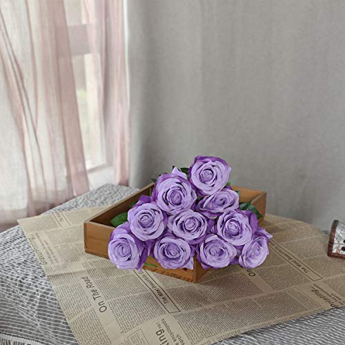 Nubry Artificial Silk Rose Flower Bouquet Lifelike Fake Rose for Wedding Home Party Decoration Event Gift 10pcs (Light Purple) - color: Gradient Light Purple