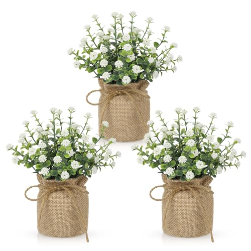 Artificial Mini Potted Flowers Set of 3, Faux Baby’s Breath Plant with Burlap Pot, Small Fake Greenery Desk Decor for Home Office Shelf Table Centerpiece, Rustic Farmhouse Wedding Spring Decorations - color: White-burlap