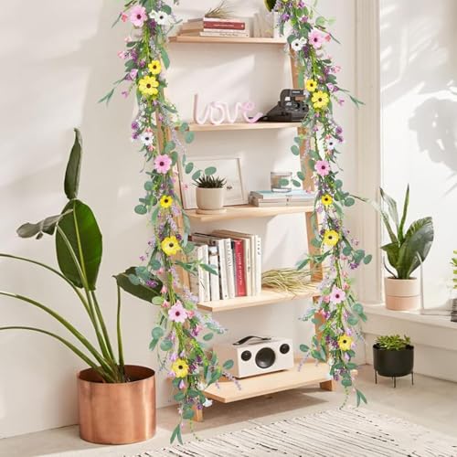 6.5FT Wildflower Daisy Garland Flower Garland with Daisy Lavender Faux Floral Vine Summer Spring Garland for Mantle Baby Shower Wedding Arch Front Door Porch Staircase Summer Spring Decor (1 Pcs)