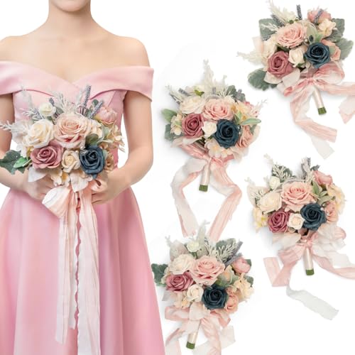 TINGE TIME 7 Inch Artificial Flowers Wedding Bouquets for Bridesmaid, Set of 4, DustyRose & NavyBlue Bride Tossing Bouquet for Rustic Wedding Ceremony Bridal Shower Rehearsal Dinner Vintage Party - color: Dusty Rose & Navy Blue 2
