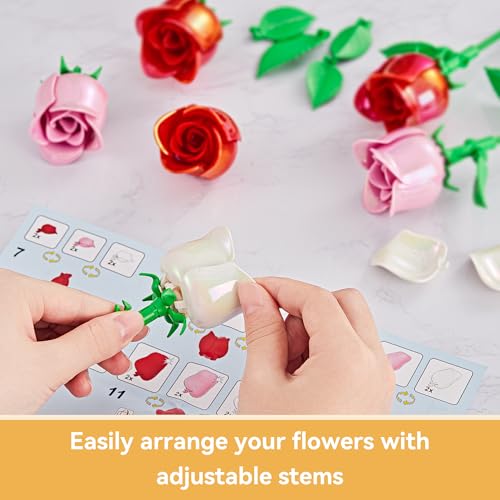 Rose Flower Bouquet Building Set: Artificial Flowers Botanical Collection Blocks Kit for Women Girls Wife Adults Home Decor Thanksgiving Christmas Mother's Day Valentine's Gifts 6-Pack - color: 3 Red & 2 Pink & 1 White