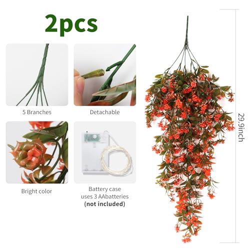 RECUTMS 2Pcs Artificial Fall Hanging Flowers for Outdoor Faux Fall Hanging Plant with 30 LED Fairy String Lights Fake Greenery Vines for Autumn Outdoor Front Porch Thanksgiving Decor(Autumn Red) - color: Lights Autumn Red-rose