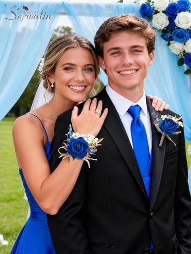 Serwalin Royal Blue Rose Corsage and Boutonniere Set, Boutonniere for Men and Wrist Corsage Wristlet for Wedding Flowers Prom Homecoming Accessories Party Suit Decorations - color: Royal Blue, size: 1 Boutonniere & 1 Wrist Corsage - 2pcs